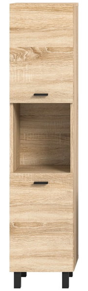 Moderner Badschrank aus Holz mit zwei Türen und einem offenen Fach, frontal betrachtet.