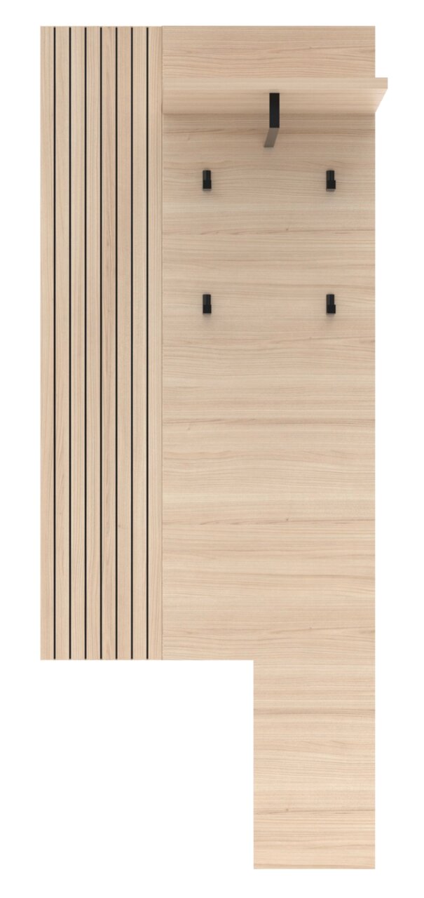 Wandgarderobe aus hellem Holz mit vertikaler Lamellenleiste links und mehreren schwarzen Haken, frontale Ansicht