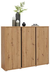Schuhschrank aus Holz mit drei Türen, dekoriert mit Vasen und Pflanzen, Frontalansicht