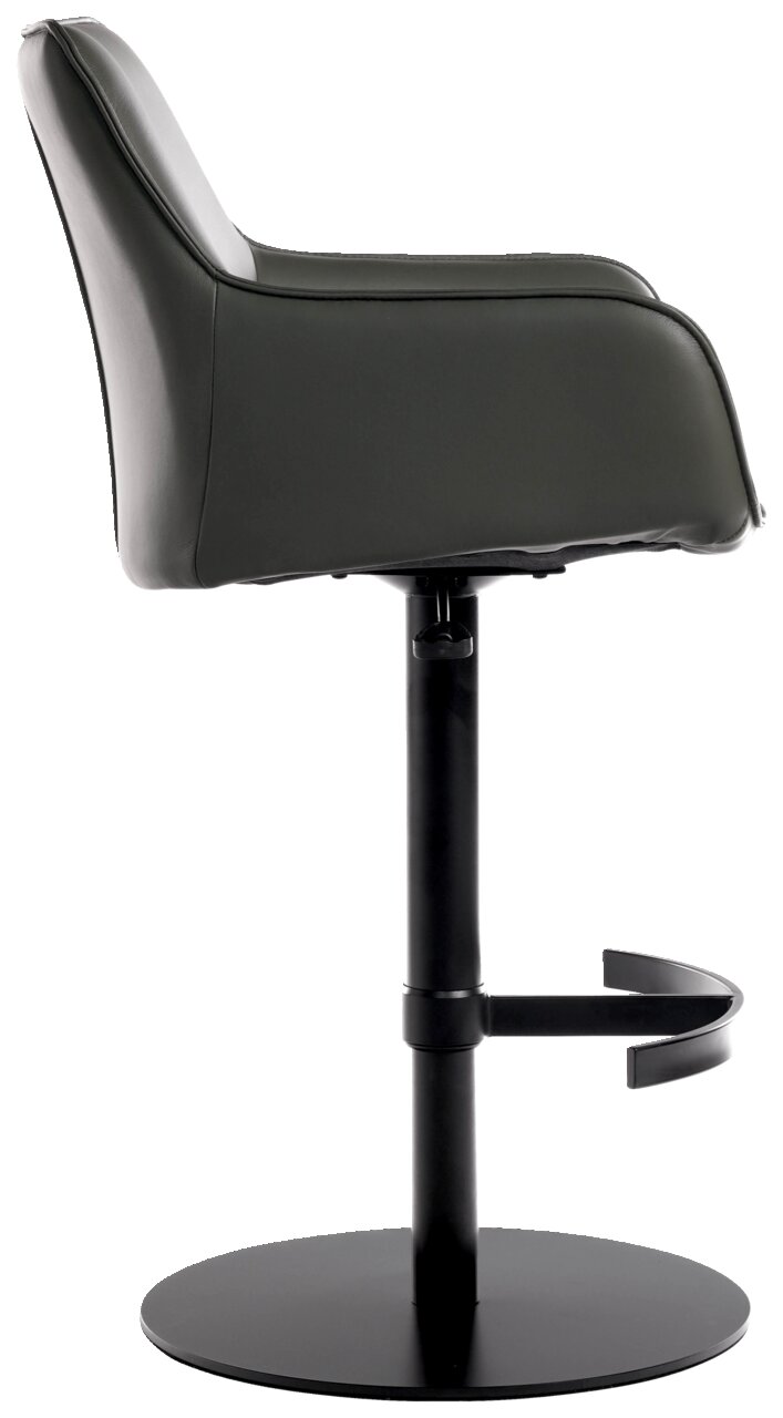 Seitenansicht eines modernen Barhockers mit schwarzem Lederbezug und verstellbarem Fußgestell.