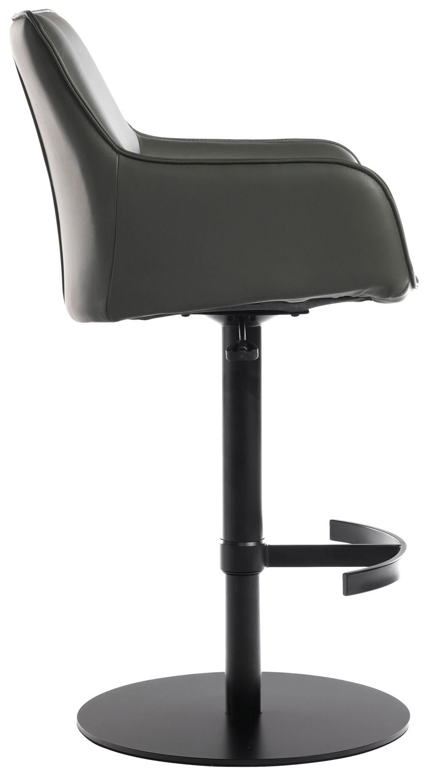 Seitenansicht eines modernen Barhockers mit schwarzem Lederbezug und verstellbarem Fußgestell.