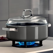 Schmortopf Ø 28cm Platinum auf Herd mit blauer Flamme, seitliche Perspektive