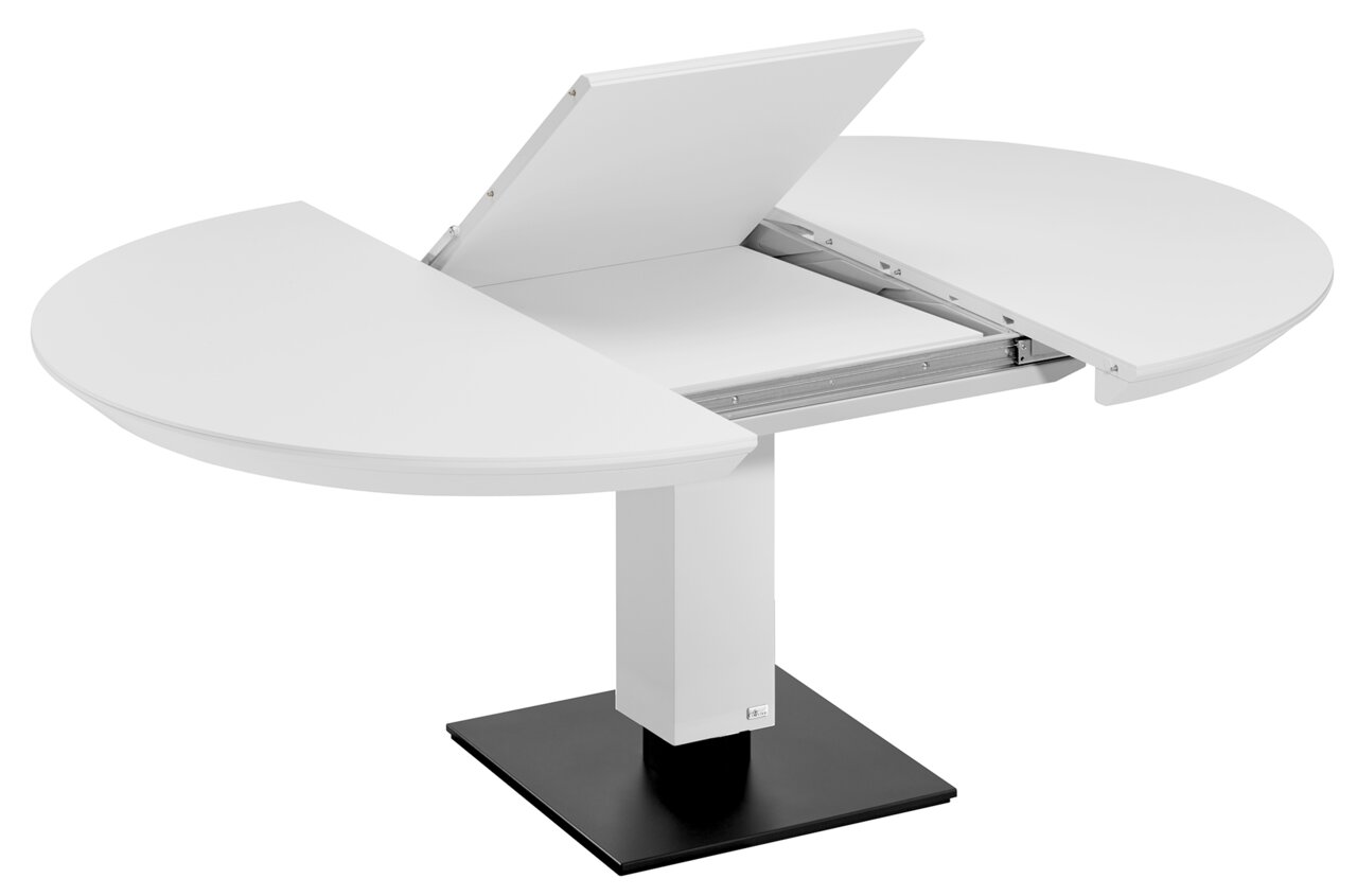 Bacher Esstisch TODO Moderner, weißer, runder Esstisch mit ausziehbarer Funktion, seitliche Perspektive