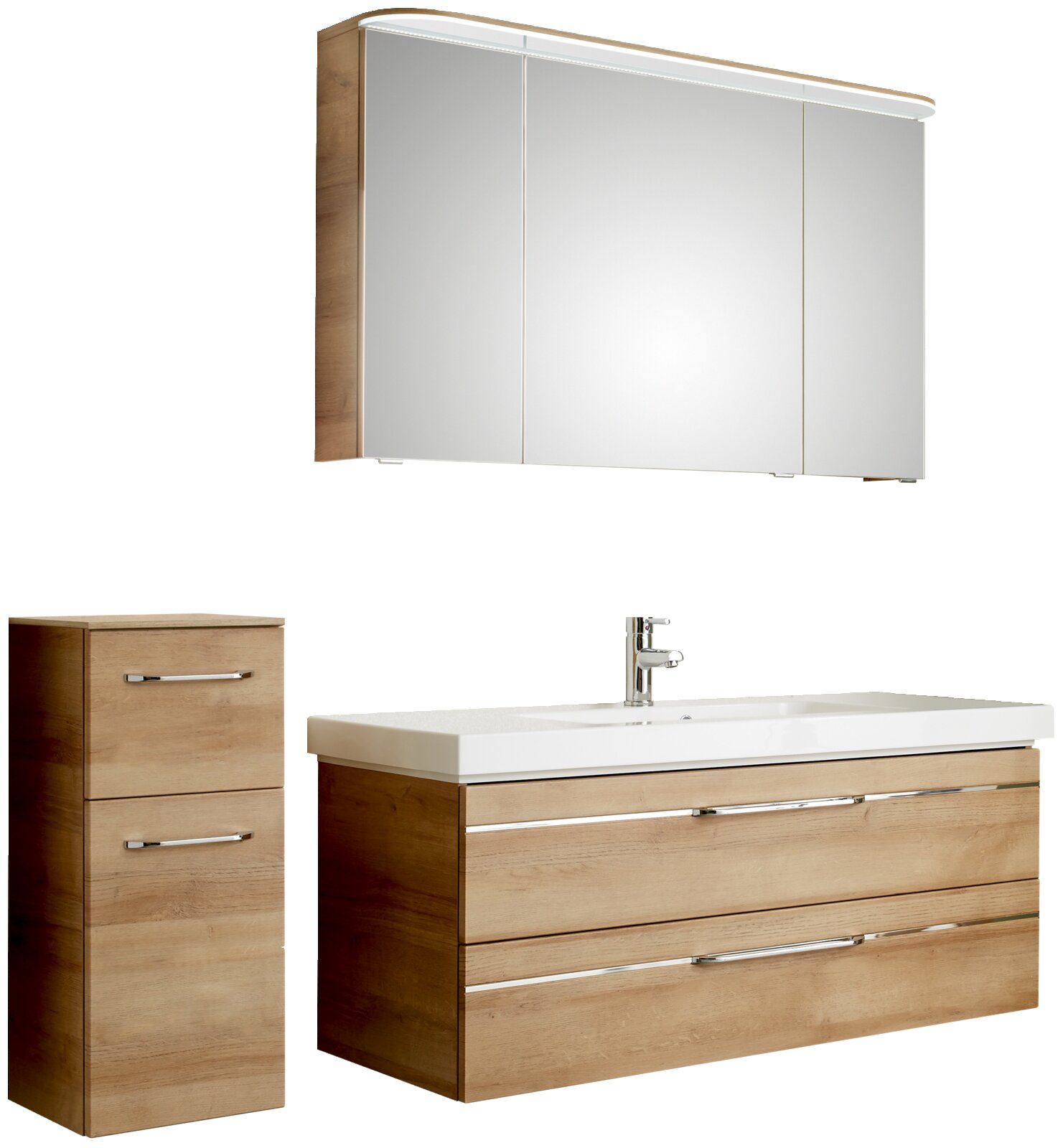 Pelipal Badblock BALTO SPRINT Badezimmermöbel-Set in Holzoptik mit Spiegelschrank, Waschbeckenunterschrank und hohem Schrank, seitliche Perspektive