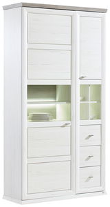 Weiße Vitrine mit Holzoptik, mehreren Schubladen und Glaseinsätzen, seitliche Perspektive