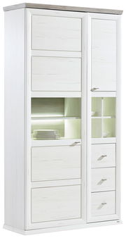 Weiße Vitrine mit Holzoptik, mehreren Schubladen und Glaseinsätzen, seitliche Perspektive