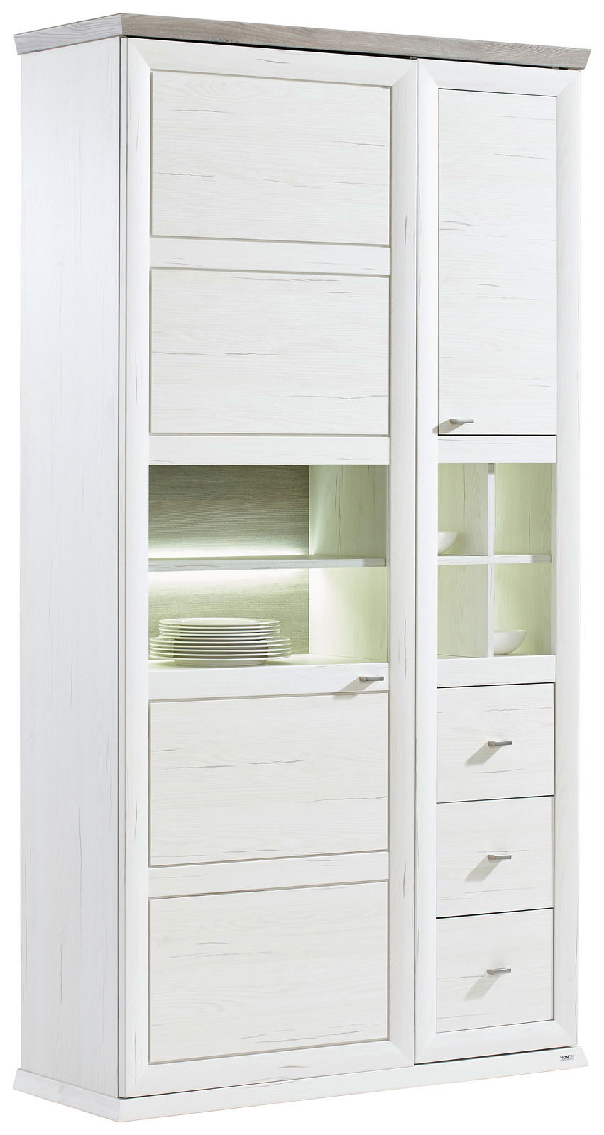 Hom´in Vitrine CAMRON Weiße Vitrine mit Holzoptik, mehreren Schubladen und Glaseinsätzen, seitliche Perspektive