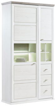 Weiße Vitrine mit Holzoptik, mehreren Schubladen und Glaseinsätzen, seitliche Perspektive