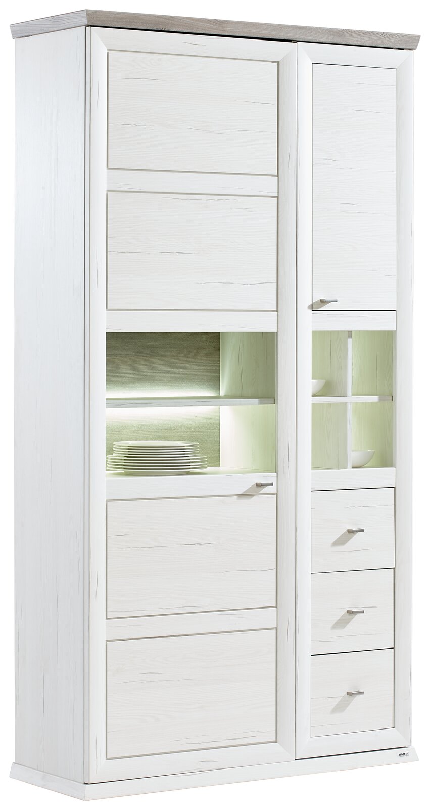 Hom´in Vitrine CAMRON Weiße Vitrine mit Holzoptik, mehreren Schubladen und Glaseinsätzen, seitliche Perspektive