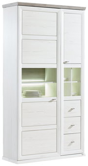 Weiße Vitrine mit Holzoptik, mehreren Schubladen und Glaseinsätzen, seitliche Perspektive