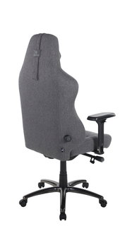 Rückansicht eines grauen Gaming-Stuhls mit verstellbaren Armlehnen und ergonomischem Design.