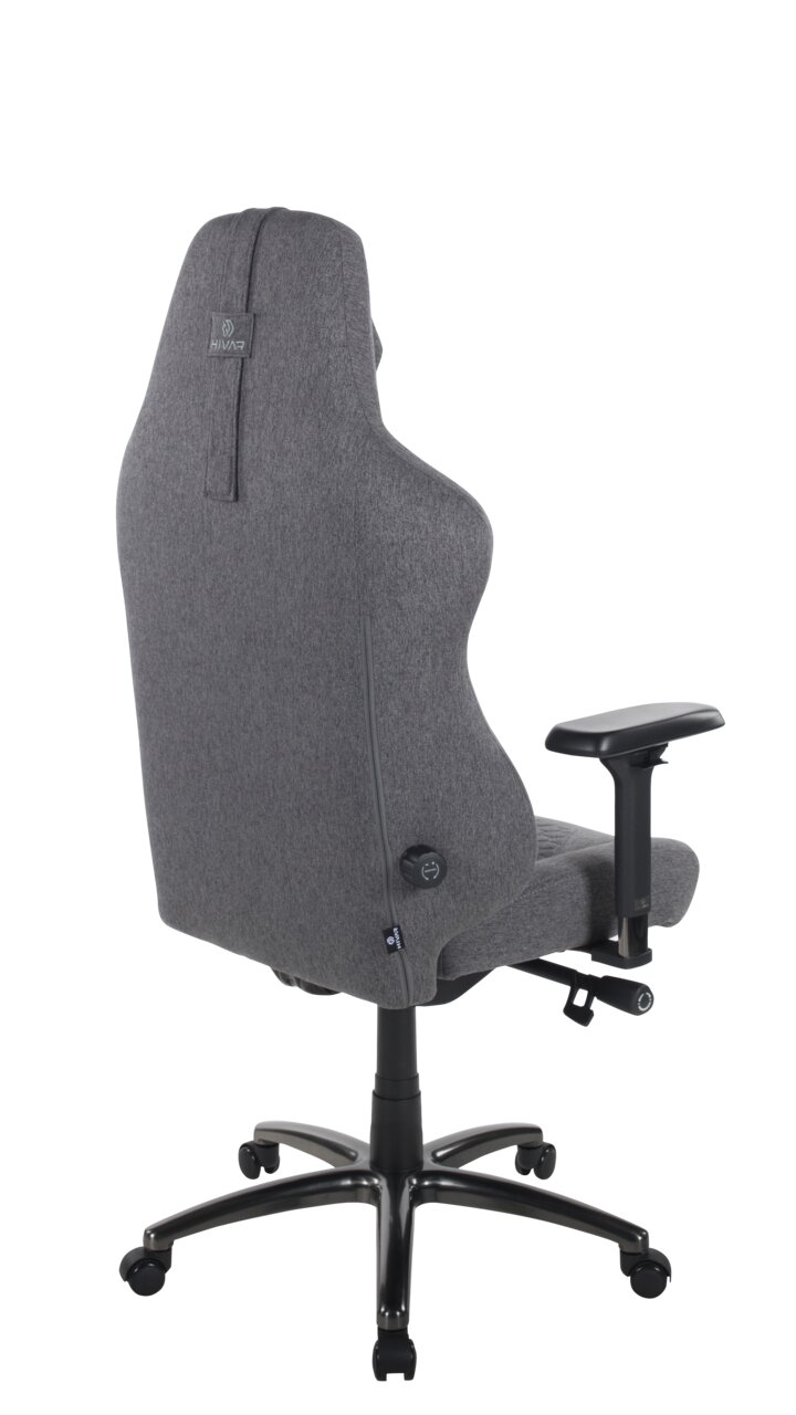 Rückansicht eines grauen Gaming-Stuhls mit verstellbaren Armlehnen und ergonomischem Design.