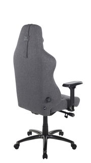 Rückansicht eines grauen Gaming-Stuhls mit verstellbaren Armlehnen und ergonomischem Design.