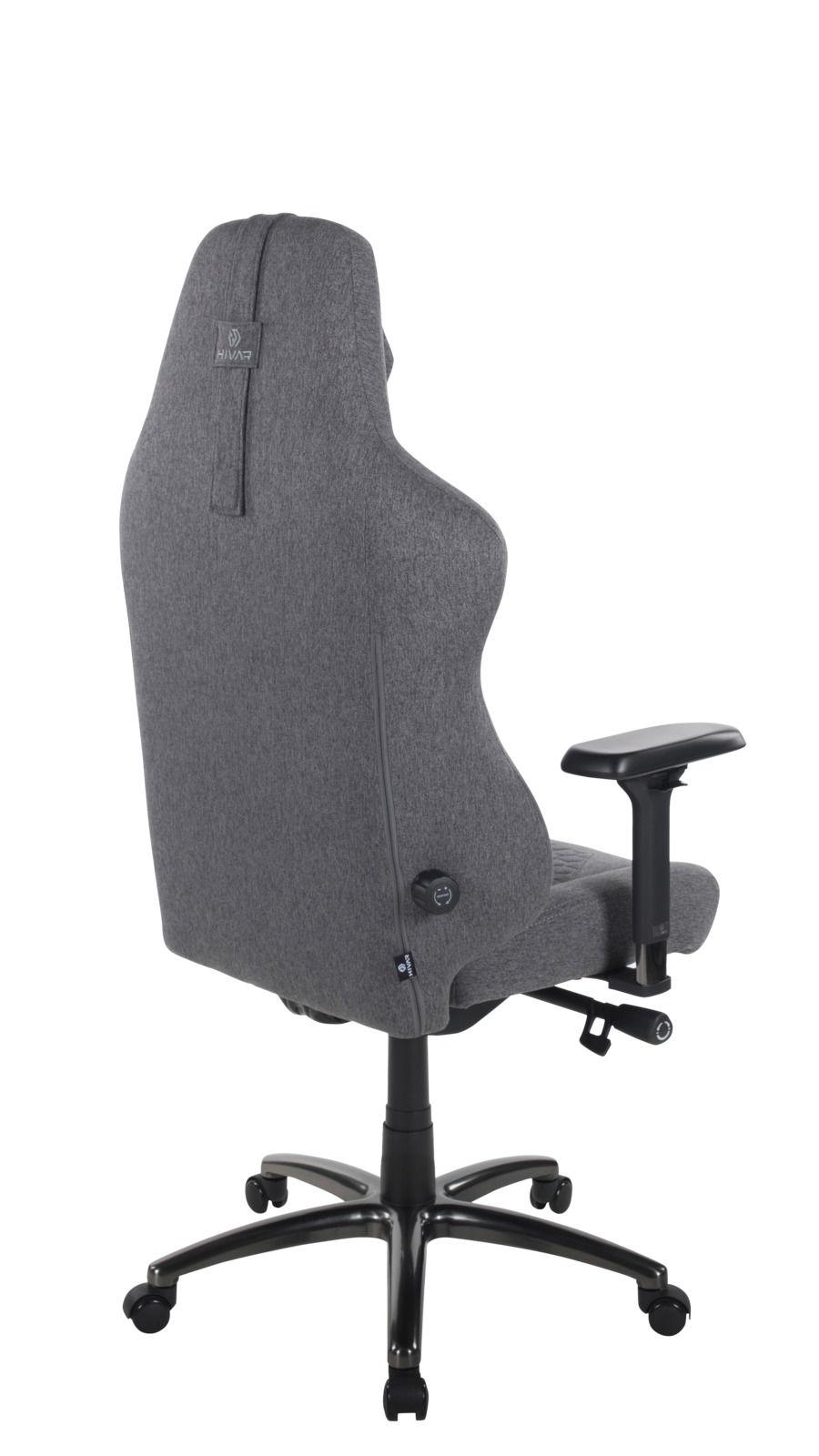 Rückansicht eines grauen Gaming-Stuhls mit verstellbaren Armlehnen und ergonomischem Design.
