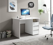 Moderner weißer Schreibtisch mit Schubladen, seitlicher Perspektive, in einem stilvoll eingerichteten Büro mit Computer und Dekoration.