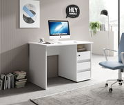 Moderner weißer Schreibtisch mit Schubladen, seitlicher Perspektive, in einem stilvoll eingerichteten Büro mit Computer und Dekoration.