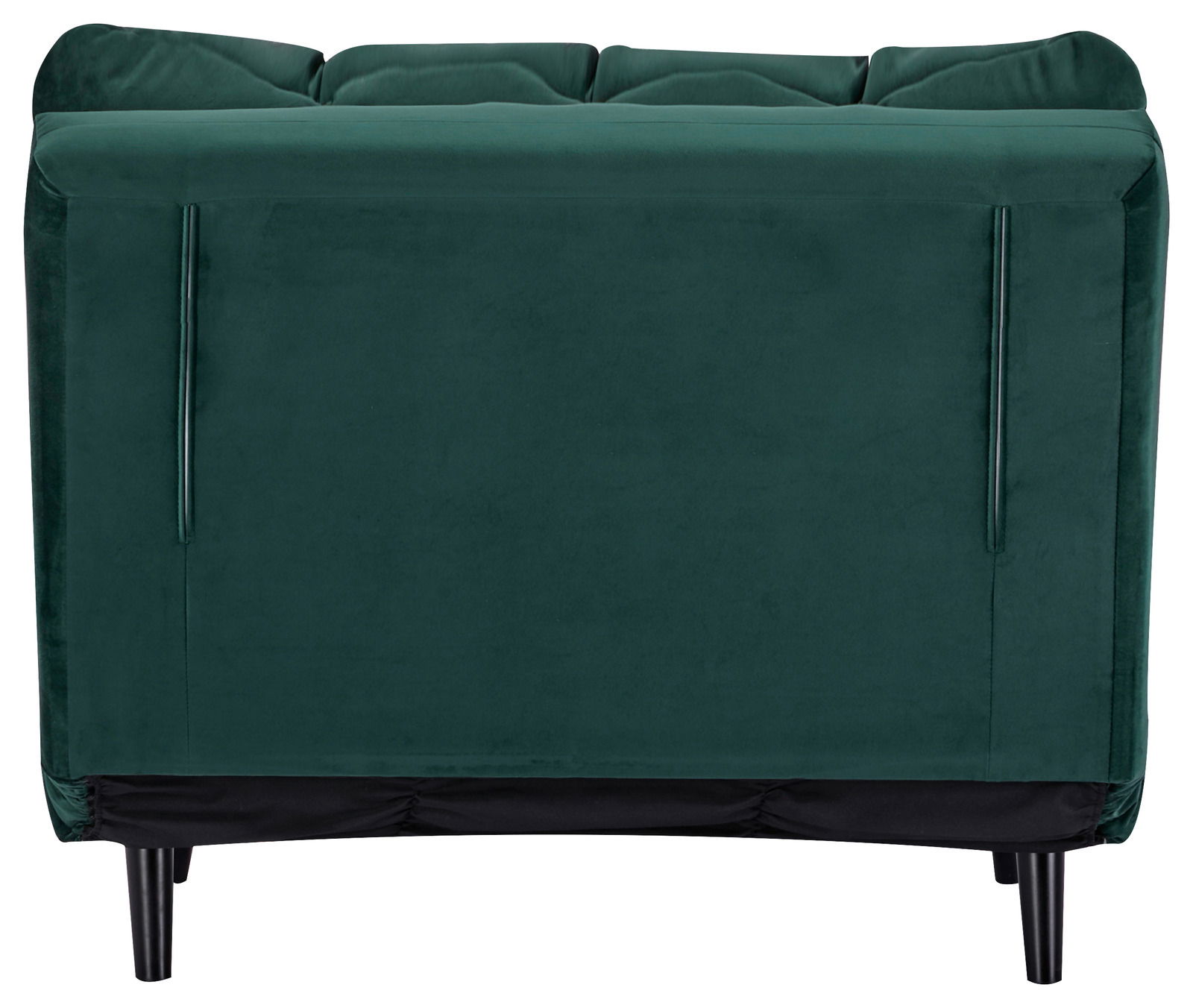 Rückansicht eines grünen Funktionssessels mit schwarzen Beinen.