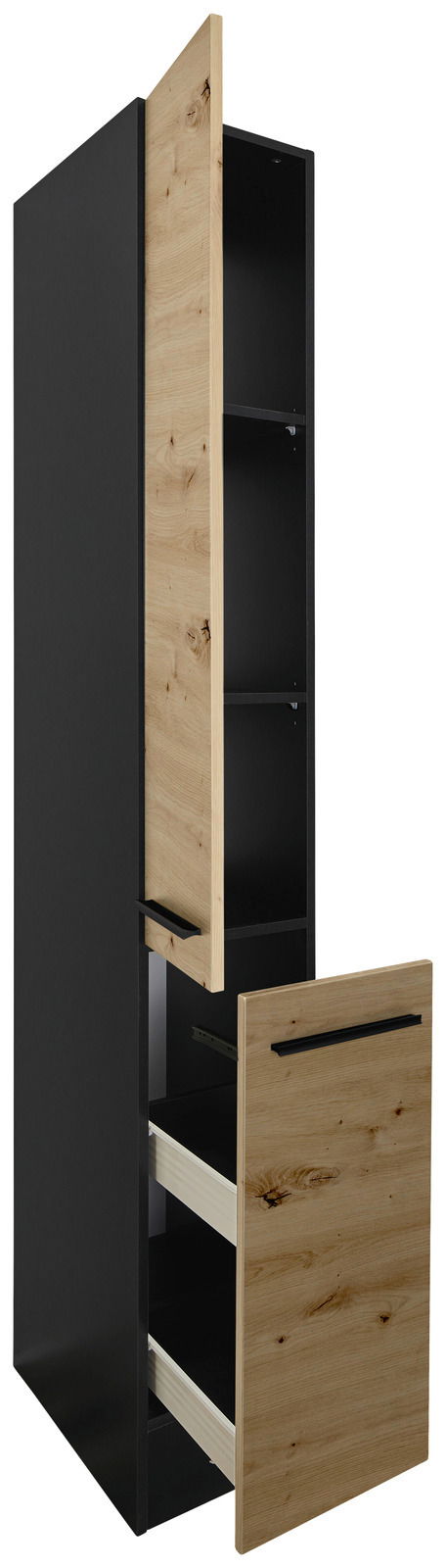 Apothekerschrank in schwarzem und hellem Holzdesign, mit geöffneter Tür und Schublade, seitliche Perspektive