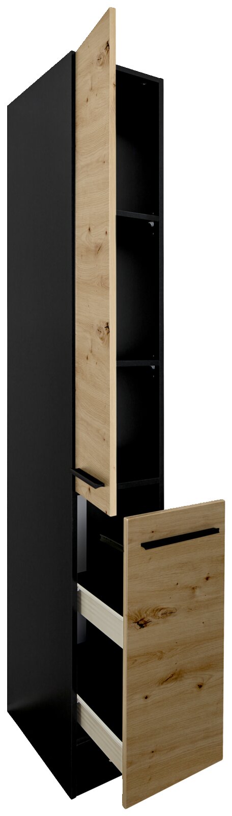 Apothekerschrank in schwarzem und hellem Holzdesign, mit geöffneter Tür und Schublade, seitliche Perspektive