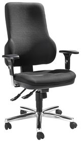 Schwarzer Drehsessel mit Armlehnen und verchromtem Fußkreuz, seitliche Perspektive