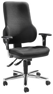 Schwarzer Drehsessel mit Armlehnen und verchromtem Fußkreuz, seitliche Perspektive