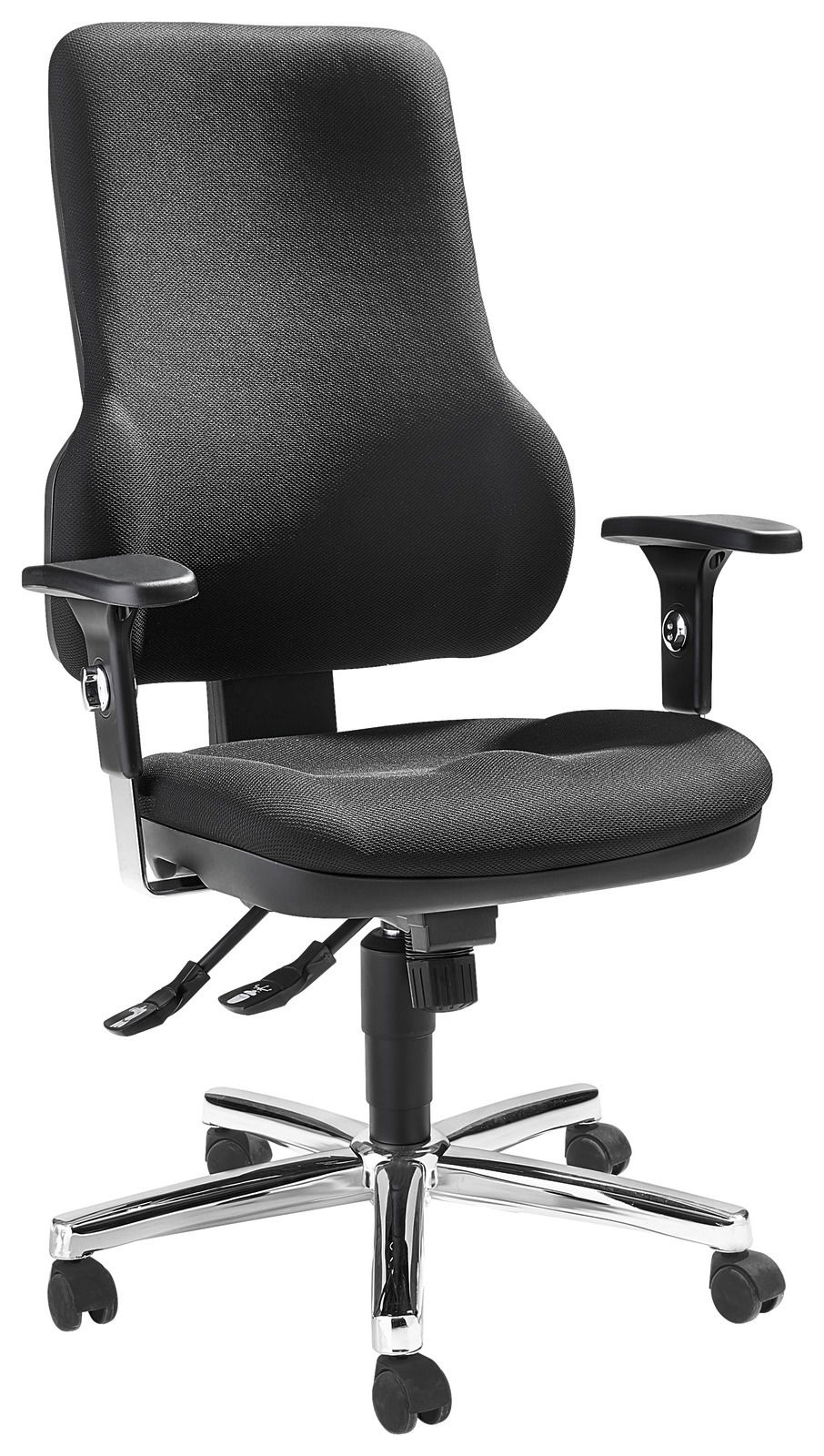 Schwarzer Drehsessel mit Armlehnen und verchromtem Fußkreuz, seitliche Perspektive