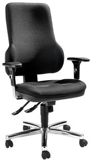 Schwarzer Drehsessel mit Armlehnen und verchromtem Fußkreuz, seitliche Perspektive