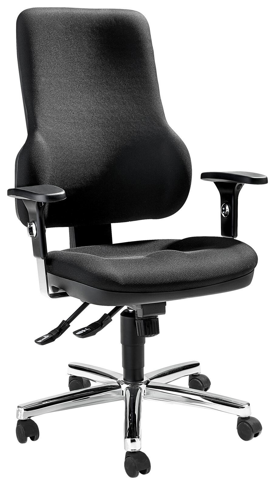 Schwarzer Drehsessel mit Armlehnen und verchromtem Fußkreuz, seitliche Perspektive