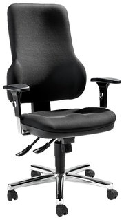 Schwarzer Drehsessel mit Armlehnen und verchromtem Fußkreuz, seitliche Perspektive