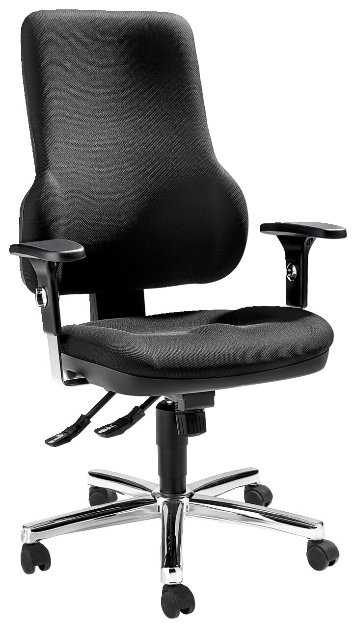 Schwarzer Drehsessel mit Armlehnen und verchromtem Fußkreuz, seitliche Perspektive