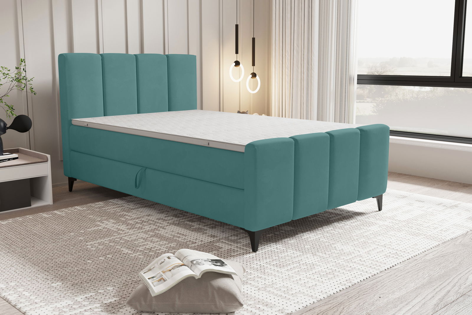 Modernes Boxbett in Türkis mit hohem Kopfteil, seitlicher Perspektive, in einem stilvoll eingerichteten Schlafzimmer mit großen Fenstern.