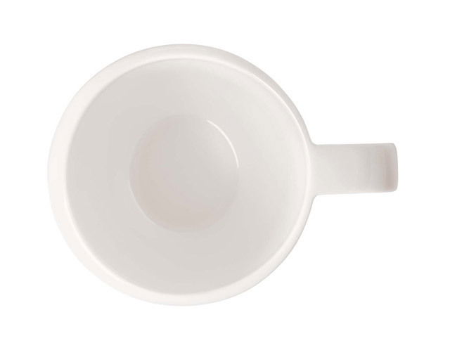 Ansicht von oben auf einen weißen Kaffeebecher NewMoon 310ml mit schlichtem Design und rundem Henkel.
