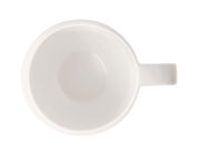Ansicht von oben auf einen weißen Kaffeebecher NewMoon 310ml mit schlichtem Design und rundem Henkel.