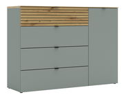 Kombi-Kommode in modernem Design mit grauen Fronten und Holzelementen, seitliche Perspektive