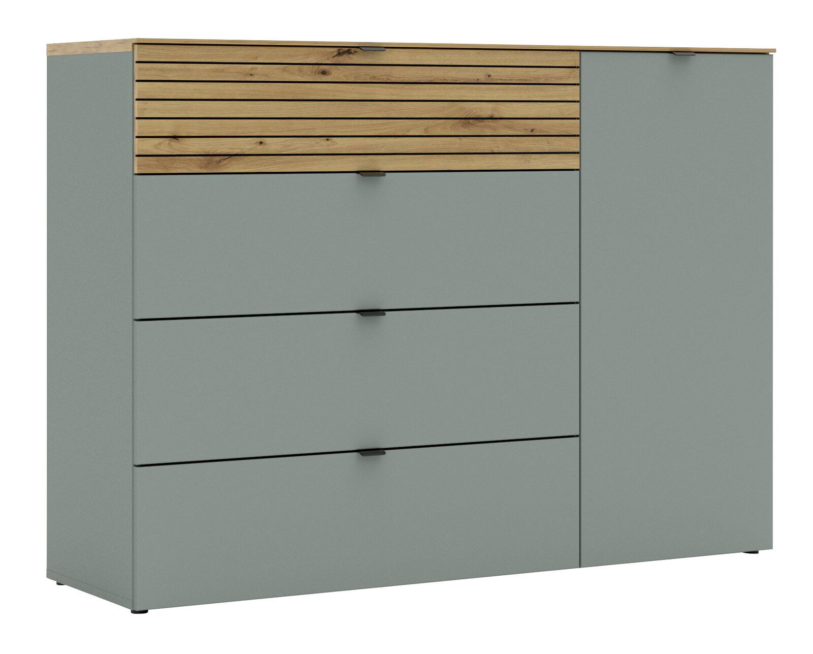 Kombi-Kommode in modernem Design mit grauen Fronten und Holzelementen, seitliche Perspektive