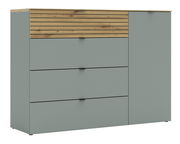 Kombi-Kommode in modernem Design mit grauen Fronten und Holzelementen, seitliche Perspektive