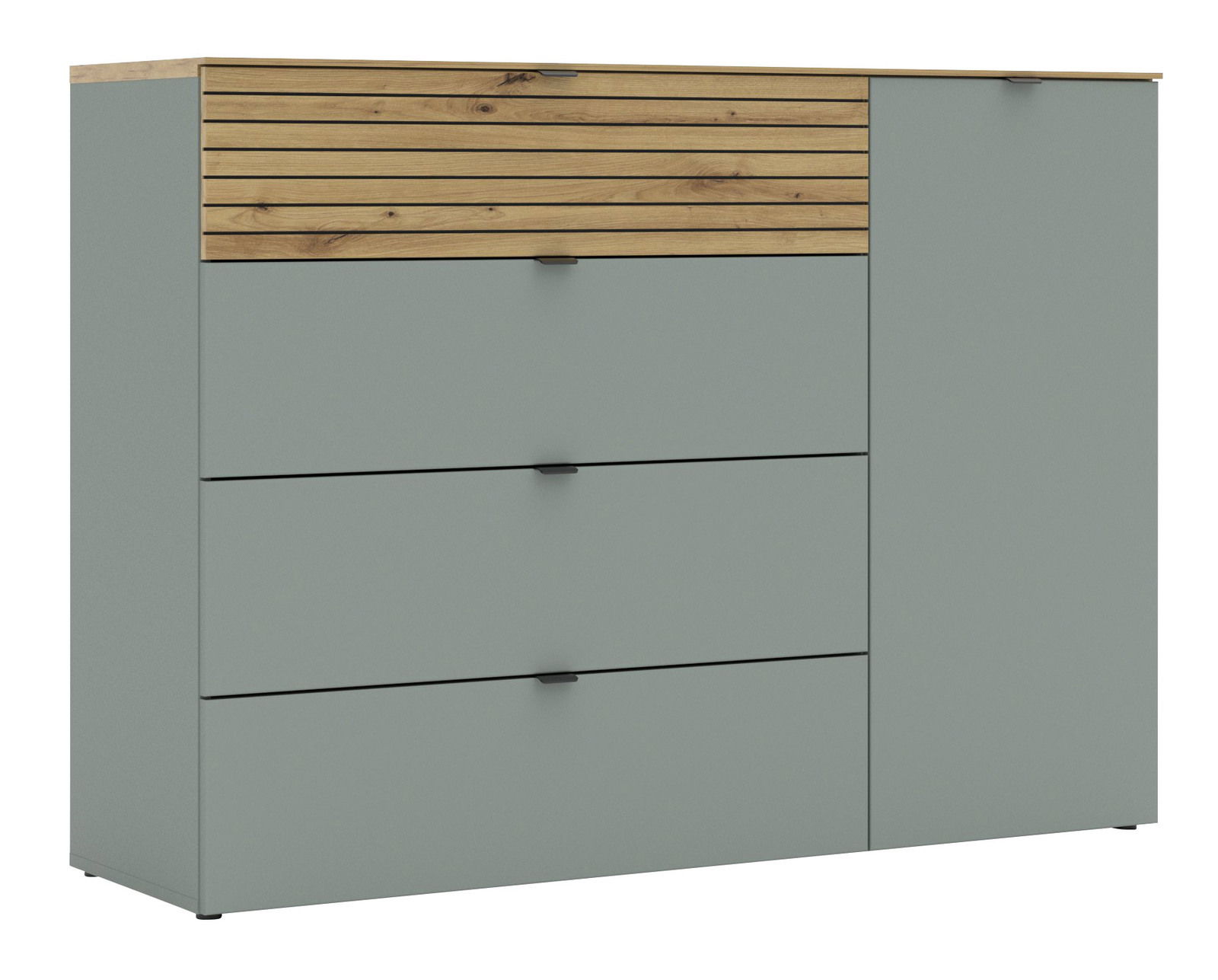 Kombi-Kommode in modernem Design mit grauen Fronten und Holzelementen, seitliche Perspektive