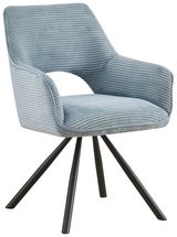 Moderner Armlehnstuhl mit hellblauem, geripptem Stoffbezug und schwarzen Metallbeinen, seitliche Perspektive