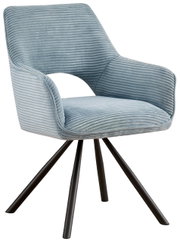 Moderne fauteuil met lichtblauwe, geribbelde stoffen bekleding en zwarte metalen poten, zijaanzicht