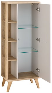 Moderner Midischrank aus Holz mit offenen Regalfächern und einer Glastür, perspektivisch von vorne links fotografiert.