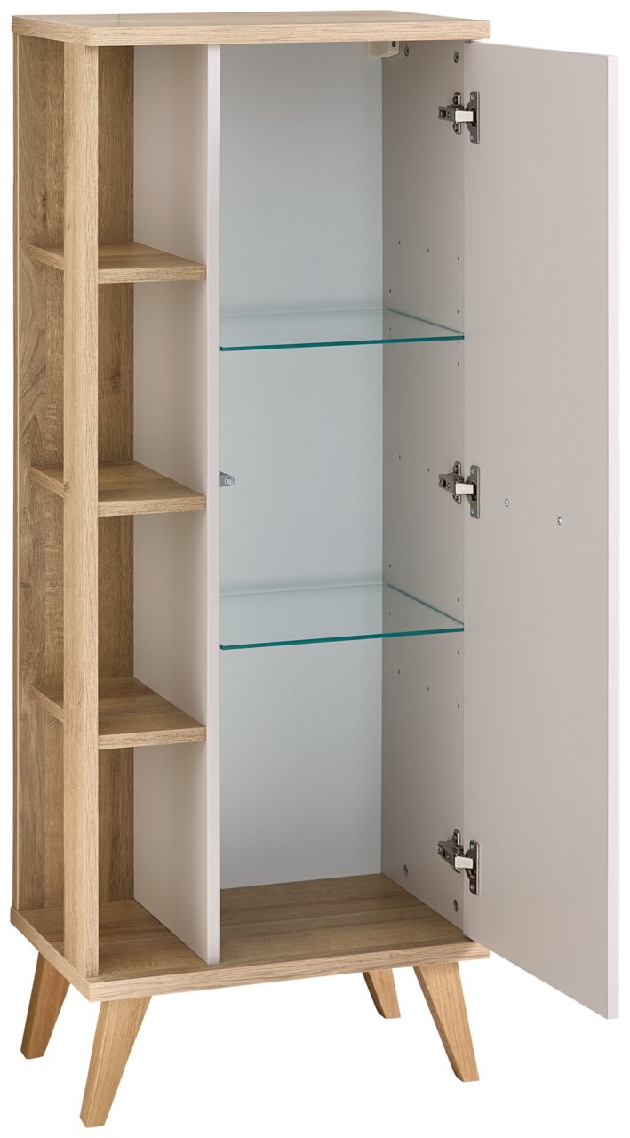 XORA Midi-kast QS966 Moderne houten midikast met open planken en een glazen deur, gefotografeerd vanuit perspectief linksvoor.