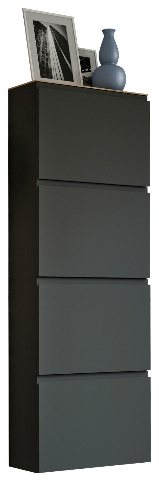 Moderner Hängeschuhschrank 4K-T33 in dunklem Design, seitliche Perspektive, mit vier Klappen und dekorativen Elementen auf der Oberseite.