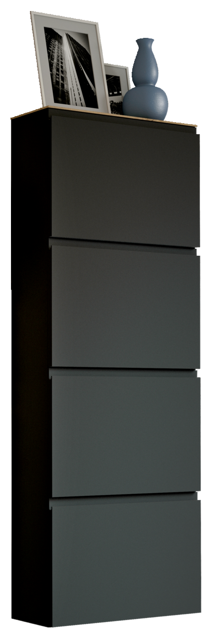 Moderano Hängeschuhschrank LECCO Moderner Hängeschuhschrank 4K-T33 in dunklem Design, seitliche Perspektive, mit vier Klappen und dekorativen Elementen auf der Oberseite.