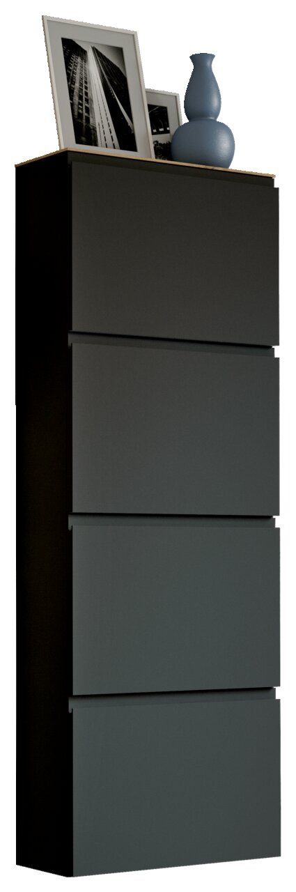 Moderner Hängeschuhschrank 4K-T33 in dunklem Design, seitliche Perspektive, mit vier Klappen und dekorativen Elementen auf der Oberseite.