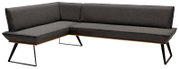 Graue Eckbank mit modernem Design, Metallbeinen und einer L-Form, seitliche Perspektive