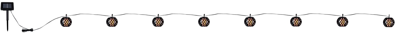 Solarbetriebene Lichterkette mit mehreren kugelförmigen Lampen, verbunden durch ein Kabel, und einem Solarpanel auf der linken Seite. Seitenansicht.