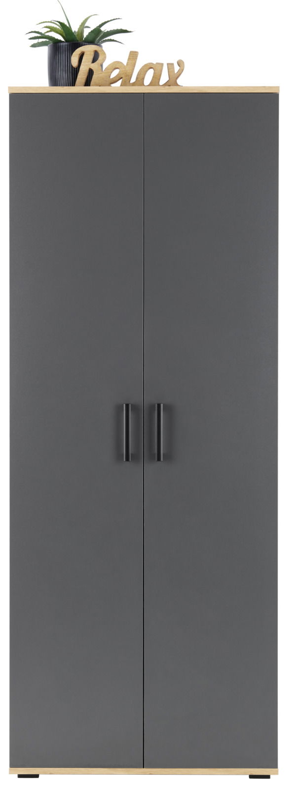 Frontansicht eines grauen XL-Schuhschranks mit zwei Türen, schwarzen Griffen und einer Dekoration auf der Oberseite.