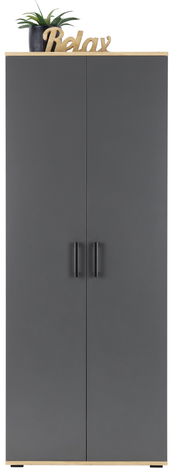 Frontansicht eines grauen XL-Schuhschranks mit zwei Türen, schwarzen Griffen und einer Dekoration auf der Oberseite.