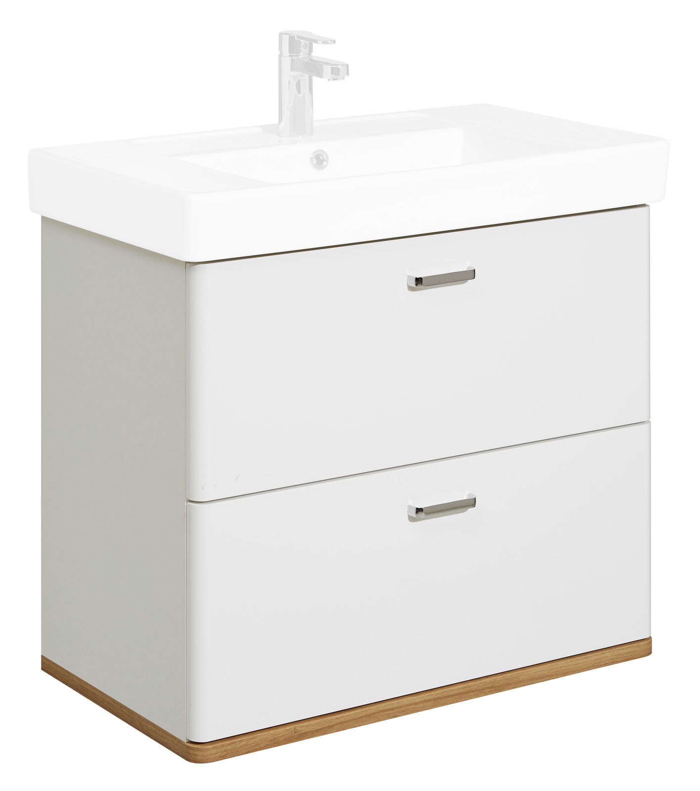 Moderner Waschtischunterschrank mit zwei Schubladen, weißem Finish und Holzdetails, Frontalansicht