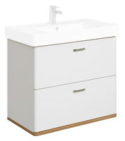 Moderner Waschtischunterschrank mit zwei Schubladen, weißem Finish und Holzdetails, Frontalansicht